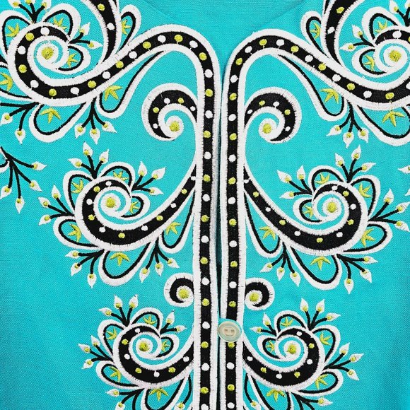 Bob Mackie Wearable Art Tunic Top Jacket L Colorful Embroidered Boho Button Up - Picture 6 of 12